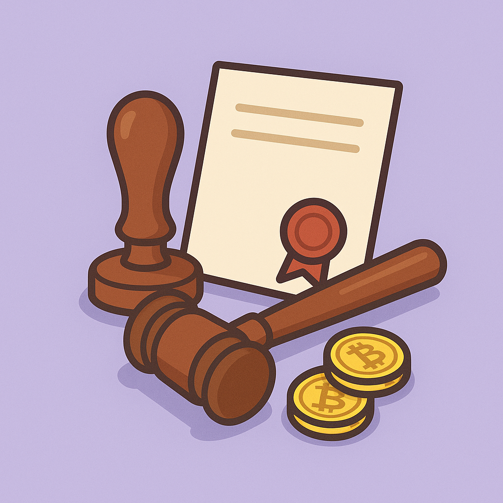 Notarisstempel met document en Bitcoin-munten ter illustratie van juridische crypto-diensten via crypto-notaris.nl